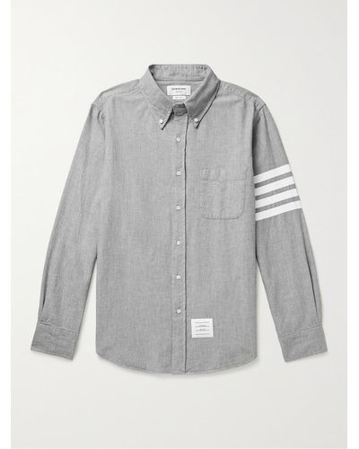 Thom Browne Button-Down Collar Striped Cotton-Chambray Shirt - Grau