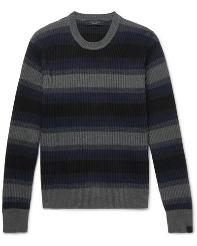 Rag & Bone Striped Ribbed Cotton And Cashmere-blend Sweater - Blue
