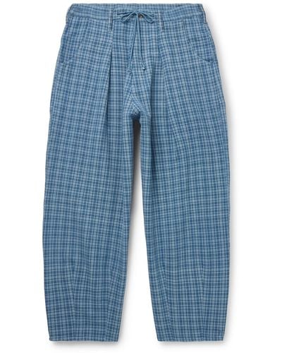 STORY mfg. Lush Tapered Pleated Checked Organic Cotton Drawstring Pants - Blue