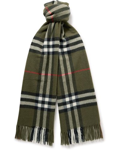 Burberry Fringed Checked Cashmere Scarf - Green