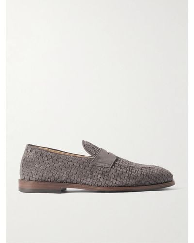 Brunello Cucinelli Woven Suede Penny Loafers - Grey