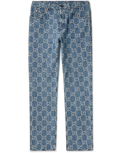 Gucci Slim-fit Tapered Logo-jacquard Jeans - Blue