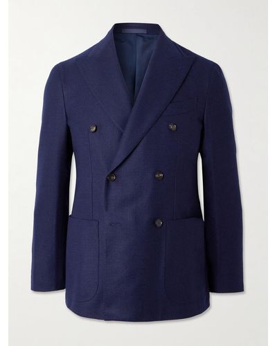 Caruso Double-breasted Wool-tweed Blazer - Blue