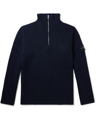 Stone Island Logo-appliquéd Ribbed Wool Half-zip Sweater - Blue