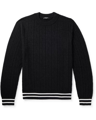 Balmain Striped Monogrammed Merino Wool Sweater - Black