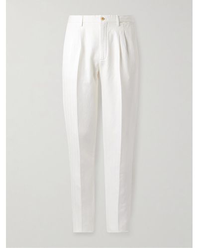 Boglioli Straight-leg Pleated Herringbone Cotton And Linen-blend Suit Trousers - White