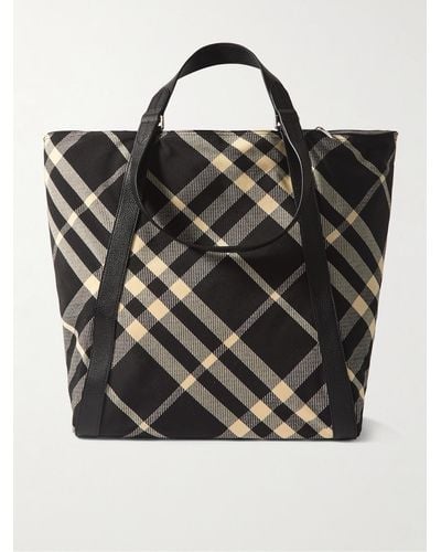 Burberry Large Leather-trimmed Checked Jacquard Tote Bag - Black