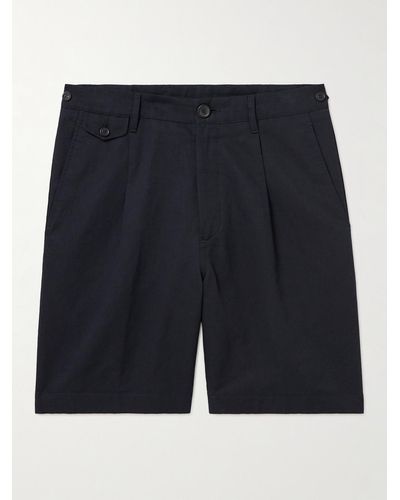 Dunhill Straight-leg Pleated Cotton And Linen-blend Twill Bermuda Shorts - Blue