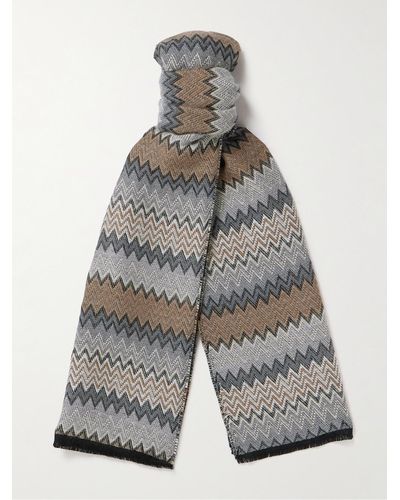 Missoni Fringed Striped Crocheted Cotton Scarf - Grey