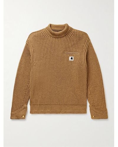 Sacai Carhartt Wip Detroit Ribbed Wool And Nylon-blend Sweater - Natural