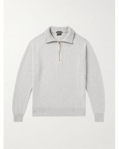 Tom Ford Slim-fit Leather-trimmed Wool And Cashmere-blend Half-zip Jumper - White