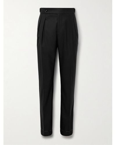 Brunello Cucinelli Slim-fit Pleated Virgin Wool And Silk-blend Tuxedo Trousers - Black