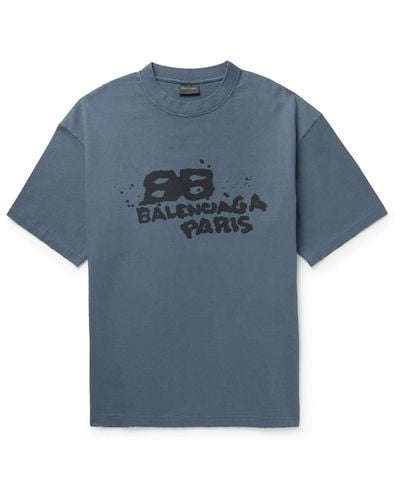 Balenciaga Distressed Logo-print Cotton-jersey T-shirt - Blue
