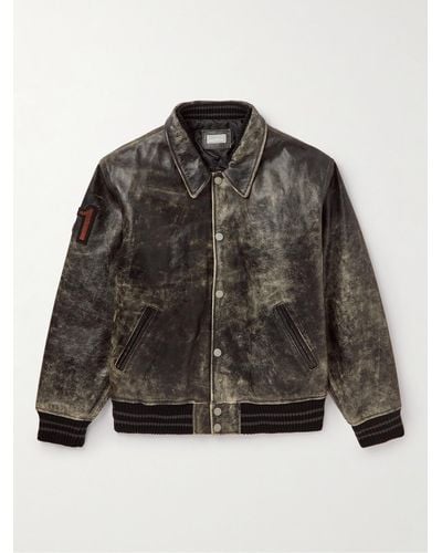Guess USA Appliquéd Distressed Leather Varsity Jacket - Black