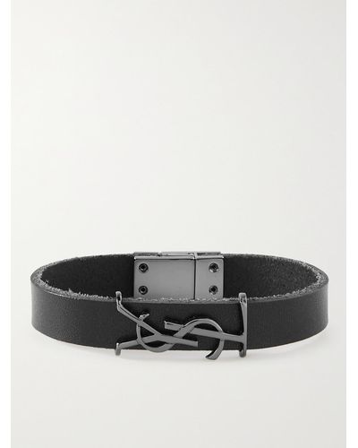 Saint Laurent Logo-Embellished Silver-Tone and Leather Bracelet - Nero