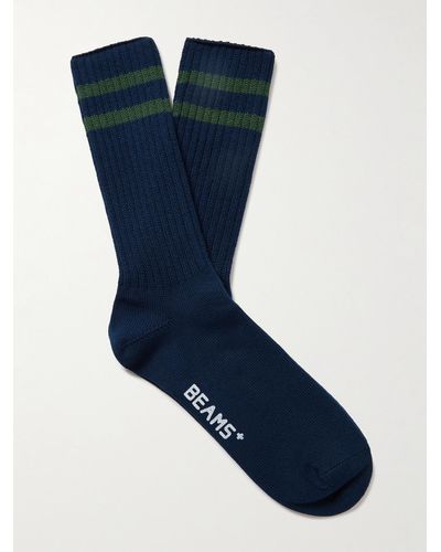 Beams Plus Schoolboy Socken aus einer gerippten Baumwollmischung mit Streifen - Blau