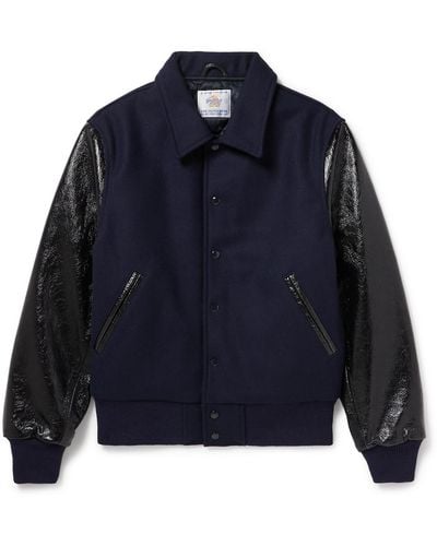 Golden Bear Padded Wool-blend Felt And Cracked Glossed-leather Varsity Jacket - Blue