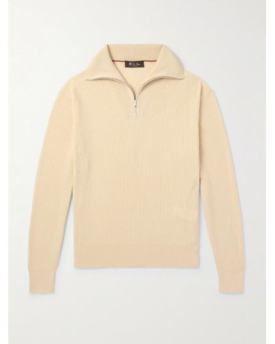 Loro Piana Akan Ribbed Cashmere And Silk-blend Half-zip Sweater - Natural