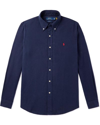 Polo Ralph Lauren Button-down Collar Logo-embroidered Cotton-flannel Shirt - Blue