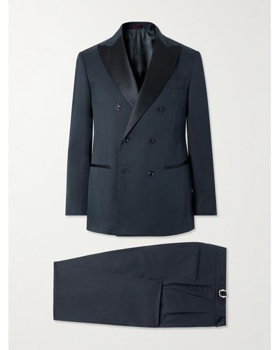 Brunello Cucinelli Slim-fit Double-breasted Silk Satin-trimmed Cotton And Silk-blend Twill Tuxedo - Blue