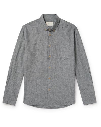Folk Button-down Collar Pinstriped Cotton And Linen-blend Shirt - Gray