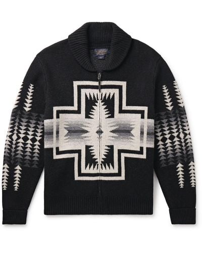 Pendleton Harding Shawl-collar Wool-jacquard Zip-up Cardigan - Black