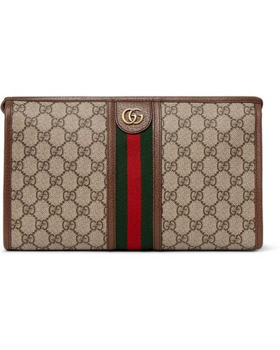 Gucci Ophidia Leather And Webbing-trimmed Logo-jacquard Coated-canvas Wash Bag - Brown