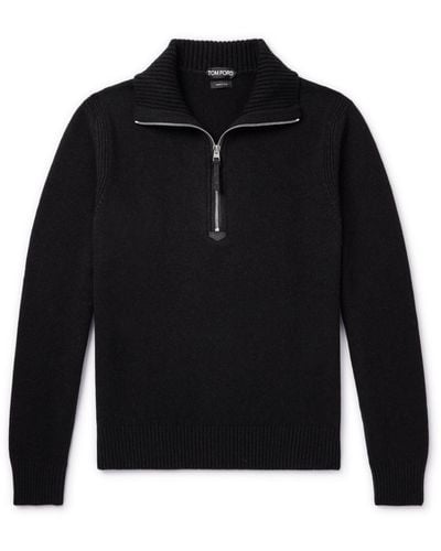 Tom Ford Suede-trimmed Wool-blend Half-zip Sweater - Black