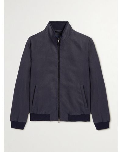Thom Sweeney Suede-trimmed Linen-twill Bomber Jacket - Blue