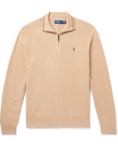 Polo Ralph Lauren Logo-embroidered Honeycomb-knit Cotton Half-zip Sweater - Natural