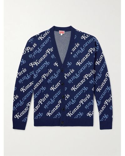 KENZO Cardigan in misto cotone e lana con logo jacquard - Blu