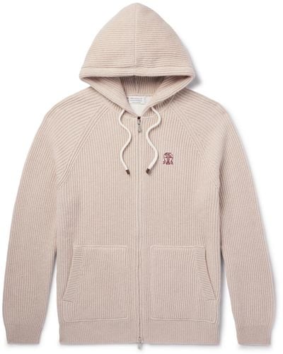 Brunello Cucinelli Logo-embroidered Ribbed Cashmere Zip-up Hoodie - Natural