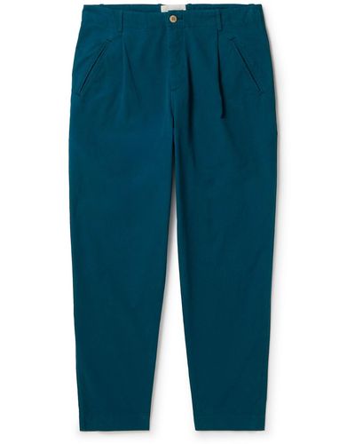Folk Assembly Tapered Cropped Pleated Cotton Pants - Blue