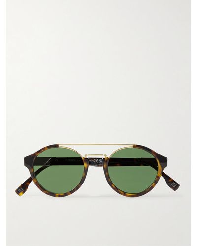 Fendi Round-frame Gold-tone And Tortoiseshell Acetate Sunglasses - Green