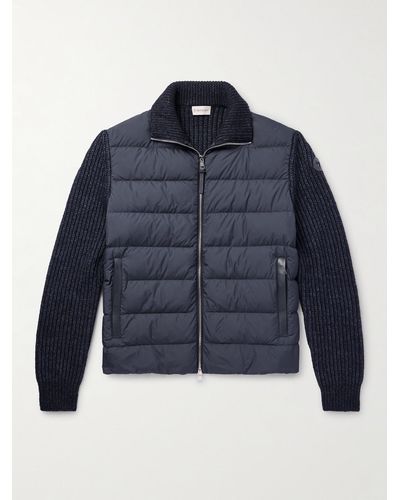 Moncler Leather-trimmed Quilted Shell And Ribbed Cotton And Wool-blend Down Jacket - Blue
