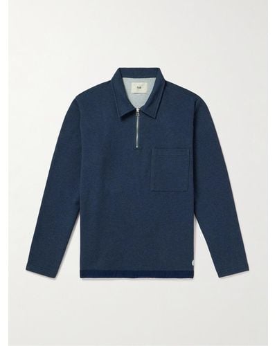 Folk Signal Sweatshirt aus Baumwoll-Jersey mit Chambray-Besatz und kurzem Reißverschluss - Blau