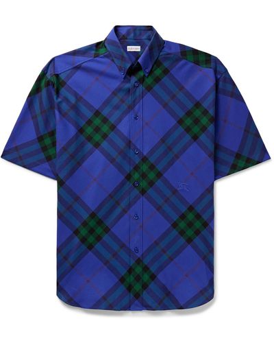 Burberry Button-down Collar Logo-embroidered Checked Cotton-twill Shirt - Blue