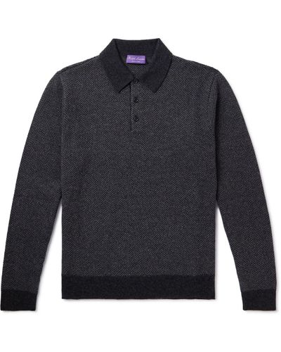 Ralph Lauren Purple Label Herringbone Cashmere Polo Shirt - Blue