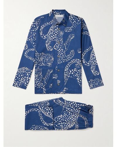 Desmond & Dempsey Pyjama aus bedruckter Baumwolle - Blau