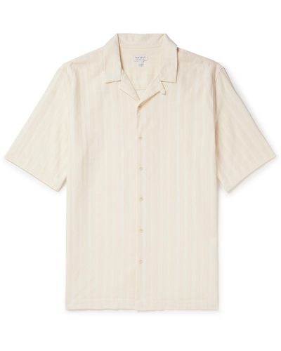 Sunspel Convertible-collar Embroidered Striped Cotton Shirt - White