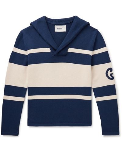 Gucci Shawl-collar Logo-intarsia Cotton Sweater - Blue