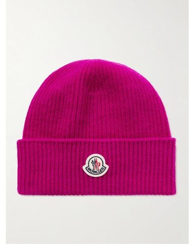 Moncler Appliquéd Ribbed Virgin Wool And Cashmere-blend Beanie - Pink
