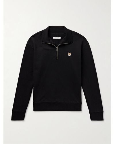 Maison Kitsuné Sweatshirt aus Baumwoll-Jersey mit Logoapplikation und kurzem Reißverschluss - Schwarz