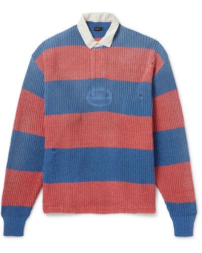 Kapital Rugger Distressed Striped Ribbed Cotton-blend Polo Shirt - Blue