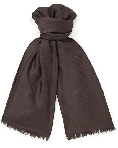 Berluti Fringed Wool And Mulberry Silk-blend Jacquard Scarf - Brown