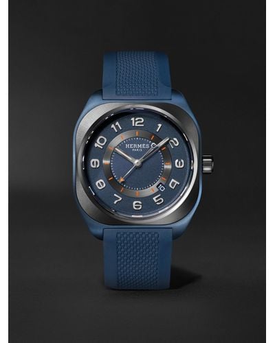 Hermès H08 Automatic 42 mm Uhr aus Titan mit Kautschukarmband - Blau