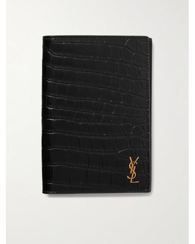 Saint Laurent Cassandre Logo-appliquéd Croc-effect Leather Passport Cover - Black