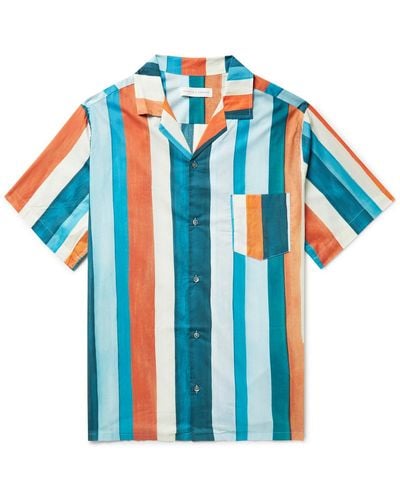 Desmond & Dempsey Cuban Camp-collar Striped Cotton Pajama Shirt - Blue