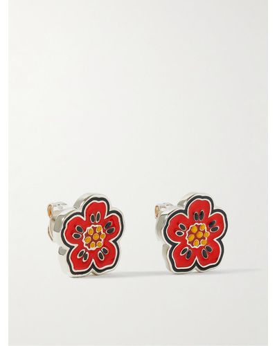 KENZO Boke Flower Silver-tone And Enamel Earrings - Red