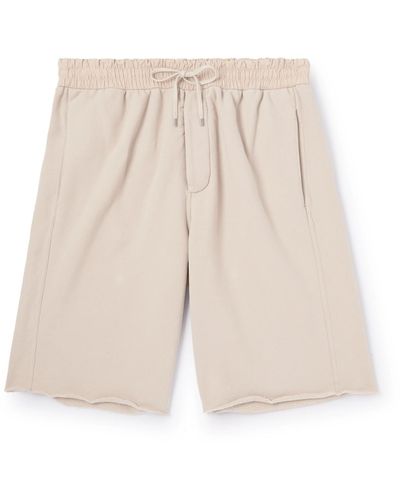 Saint Laurent Straight-leg Leather-trimmed Cotton-jersey Drawstring Shorts - Natural